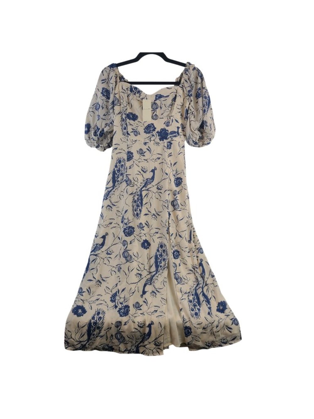 NEW Abercrombie Floral Peacock Print Cream Blue Maxi Dress Puff Sleeves Sz S